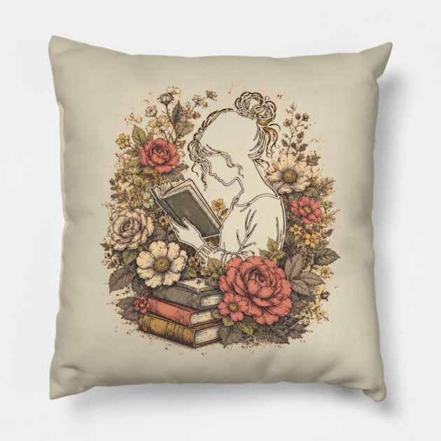 Vintage Floral Bookworm Aesthetic Pillow