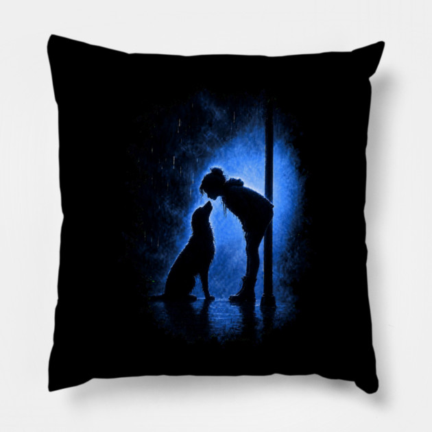 Girl And Her Dog In The Rain Pillow