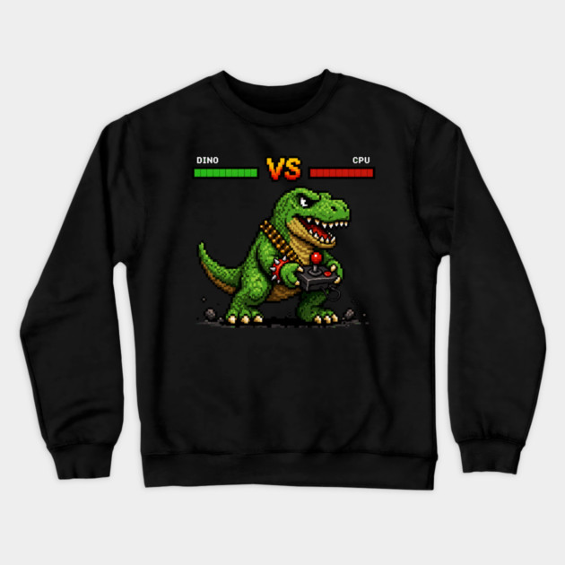 Pixeled Dinosaur with Joystick - funny Crewneck Sweatshirt