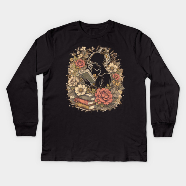 Vintage Floral Bookworm Aesthetic Kids Long Sleeve T-Shirt