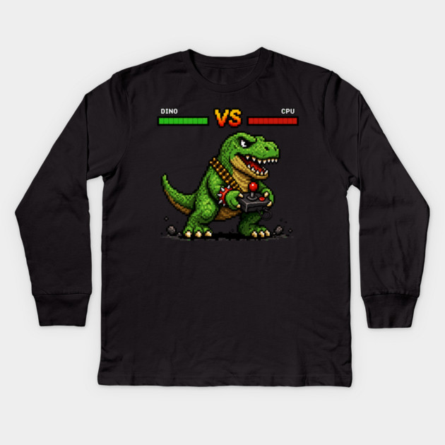 Pixeled Dinosaur with Joystick - funny Kids Long Sleeve T-Shirt