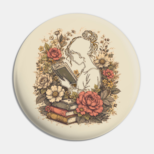 Vintage Floral Bookworm Aesthetic Pin
