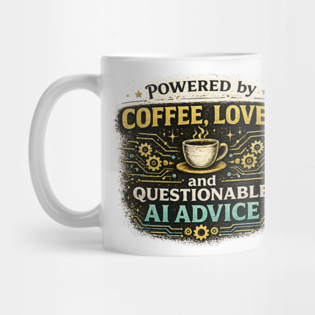 Powered by Coffee, Love, and Questionable AI Advice Mug