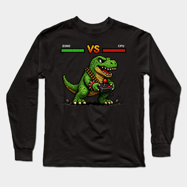 Pixeled Dinosaur with Joystick - funny Long Sleeve T-Shirt