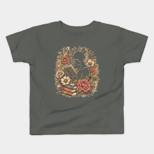 Vintage Floral Bookworm Aesthetic Kids T-Shirt